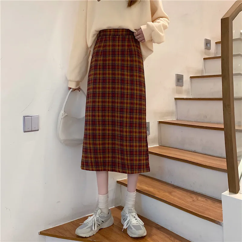 

í•œêµ­ìŠ¤íƒ€ì¼ ìŠ¤ì»¤íŠ¸ 2021 New Autumn And Winter Sweet Plaid A-Line Skirts Women High-Waist Mid-Calf Skirt Casual All-Match